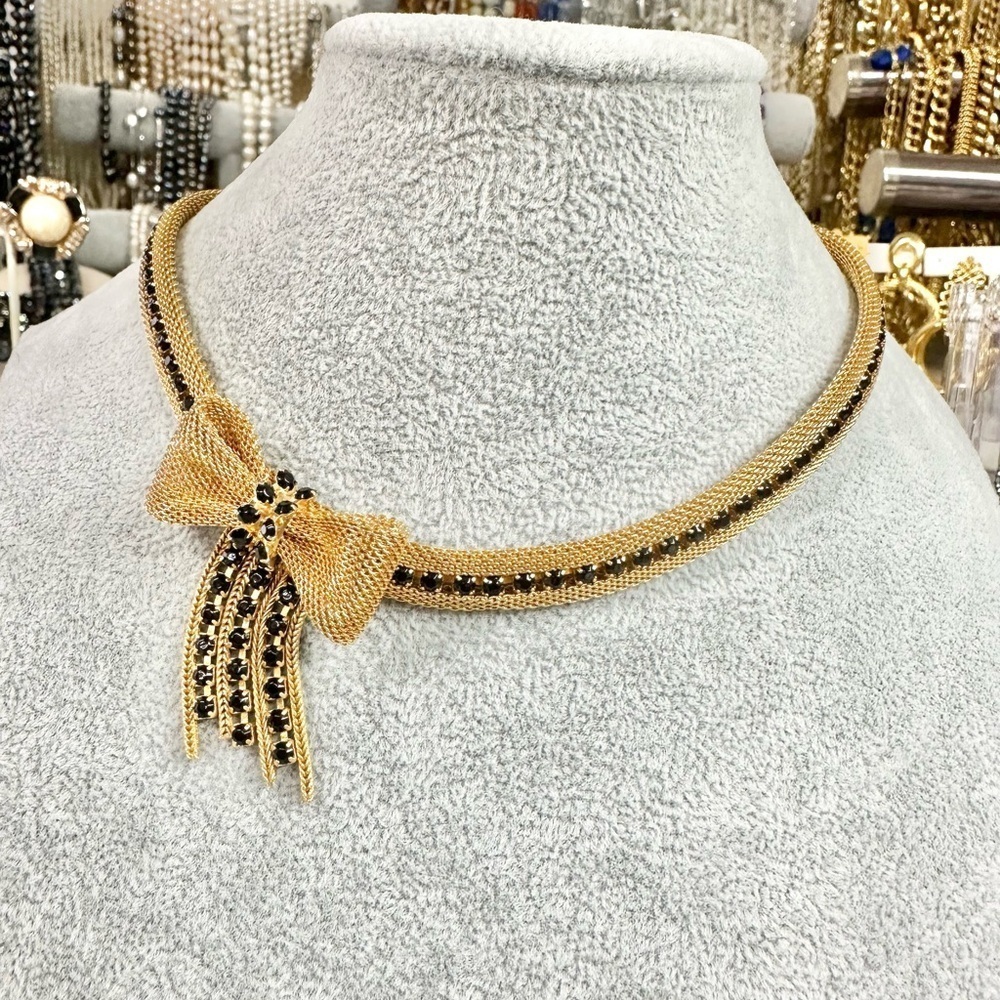 Vintage Gold Tone Mesh And Black Rhinestone Bow Tassel Necklace